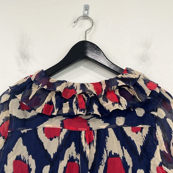Diane von Furstenberg Candela Bis Silk Ruffle Long Sleeve Blouse Top Navy Red 10 - Picture 8 of 14